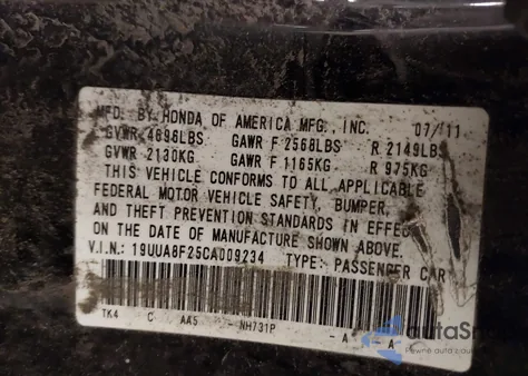 2012 Acura Tl 3.5 from USA, damaged, VIN 19UUA8F25CA009234